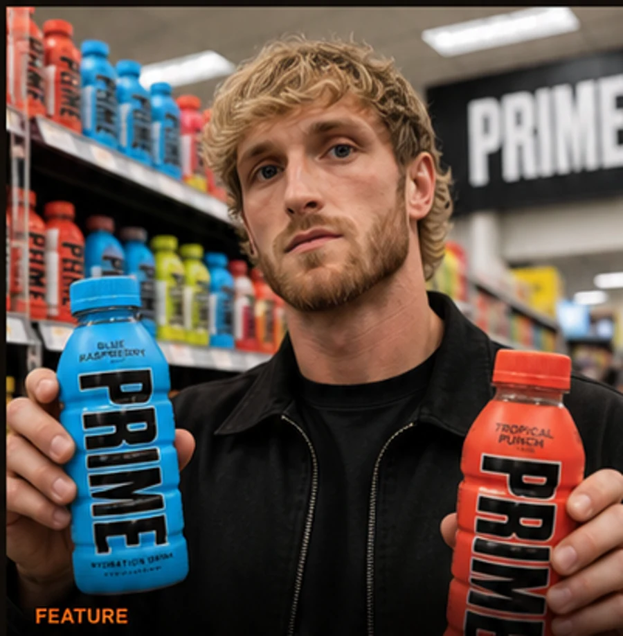 Editorial illustration of a creator holding two PRIME beverage bottles in a store